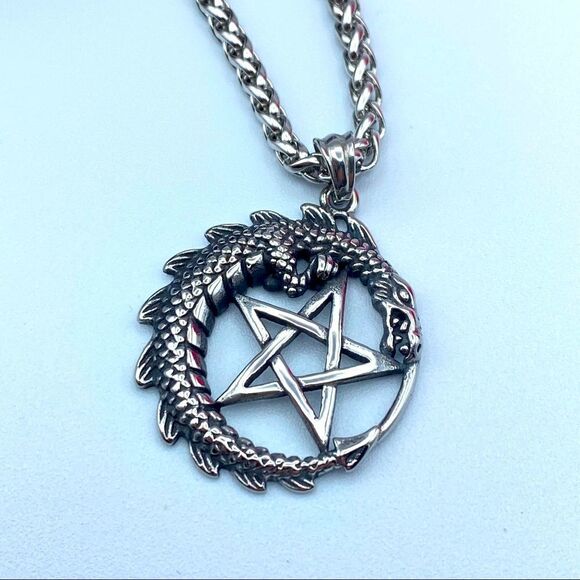 Stainless Steel Dragon Pentagram Necklace Wheat Chain - Picture 2 of 4